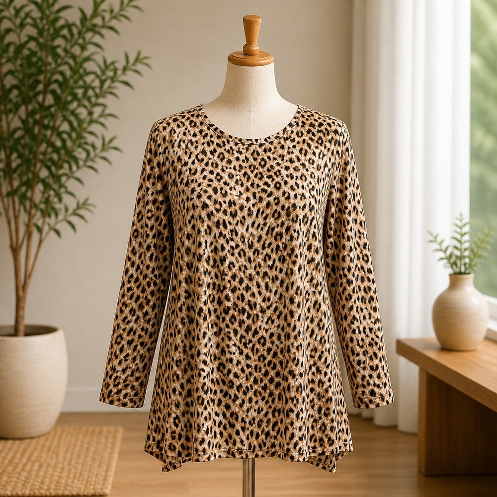 Susan Graver Modern Essentials Tan Abstract Print Long Sleeve Top Petite Small